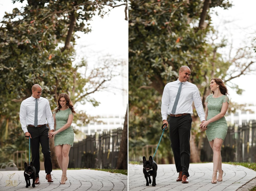  Bride and Groom to-be walk with their Frenchie in a park in Brickell Miami&nbsp; 