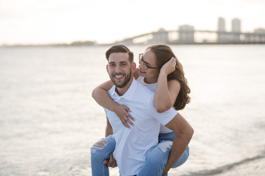 Miami Beach engagement session with skyline in background