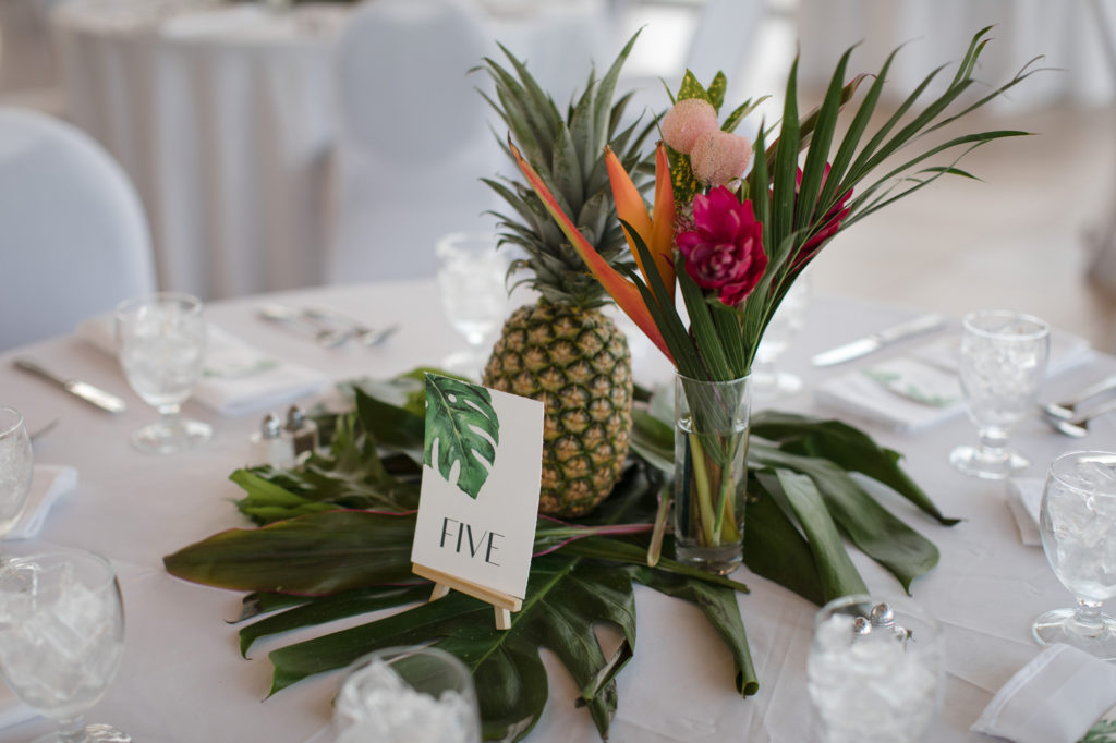 Tropical table decor for a wedding reception at the West Palm Beach Lake Pavilion