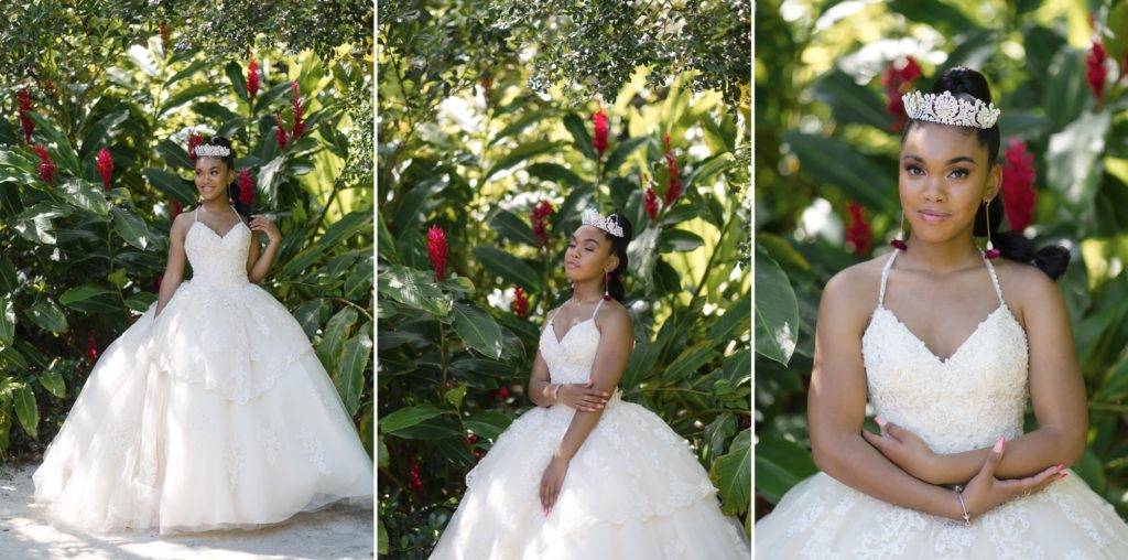 Triptych of a young Black woman posing in front of greenery during her sweet 16 portrait session at Vizcaya in Miami, Florida