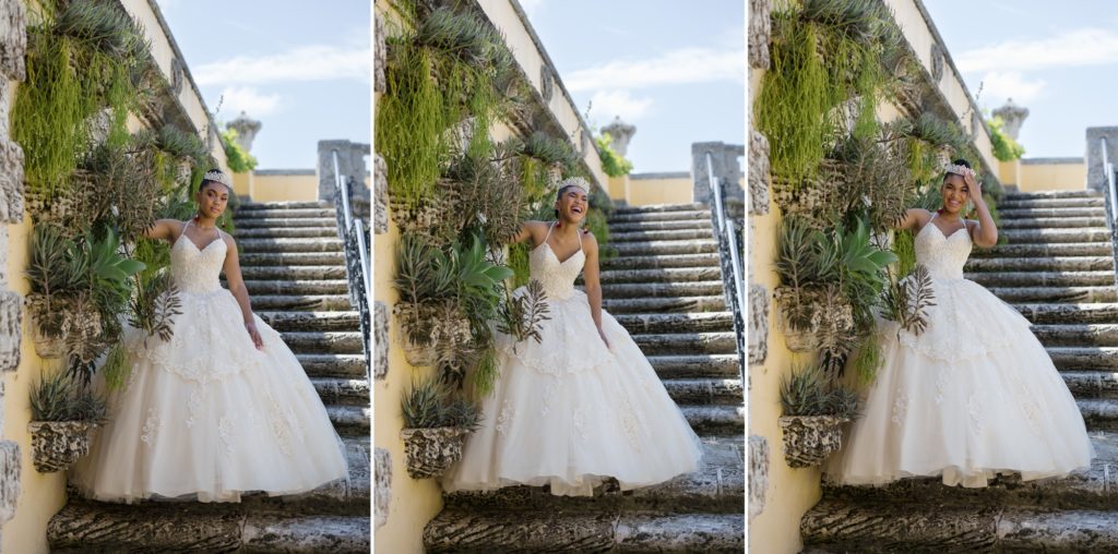 Triptych of a young Black girl celebrating her sweet 16 at Vizcaya. She's wearing a cream colored ball gown and tiara