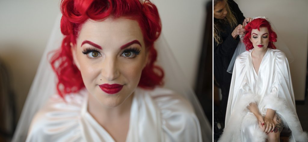 Bride with bright red hair and vintage inspired makeup prepares for her wedding in Delray Beach Florida