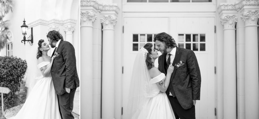 Black and white images of newlyweds outside the Old School Square in Delray Beach