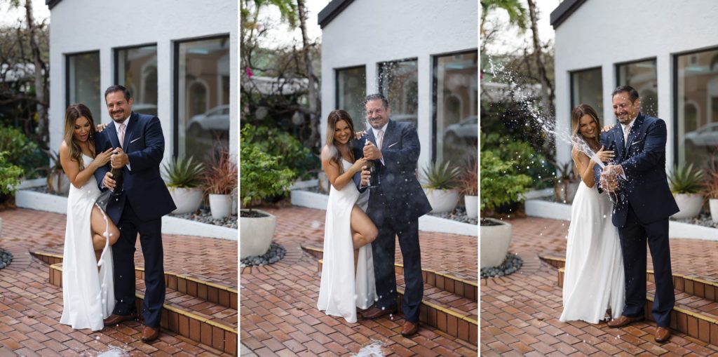 Bride and groom celebrate outside the Social House Lake Worth with a champagne spray