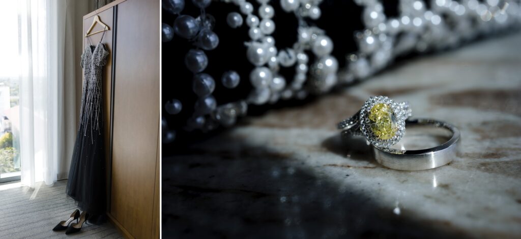 Black wedding dress and yellow diamond engagement ring