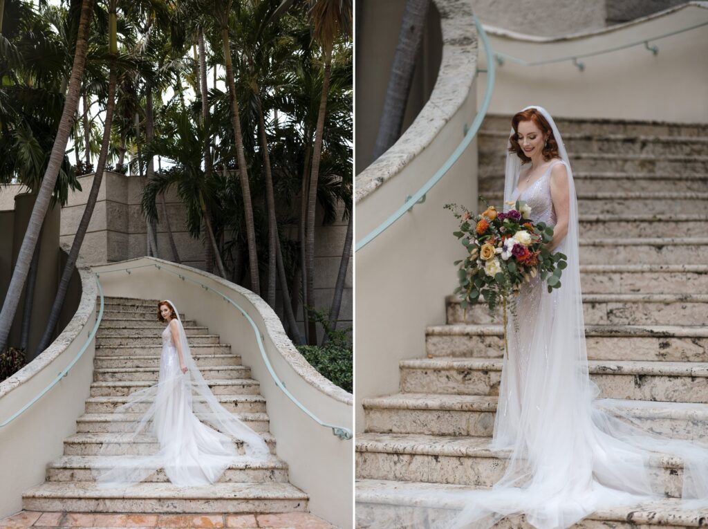 Red-headed bride poses on the steps of the fountain courtyard at the Ritz Carlton Coconut Grove