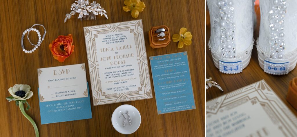 Flat lay details of an art deco inspired wedding in Miami 